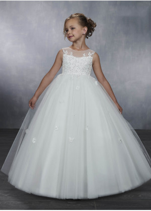 Illusion Neck Beaded Ivory Lace Tulle Flower Girl Dress